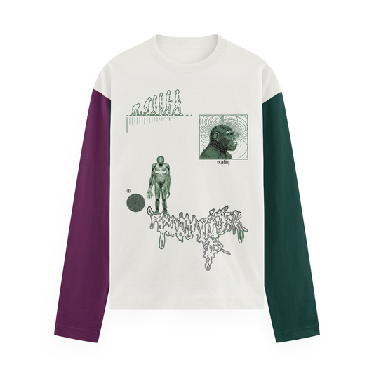 Champagne Symbiosis long sleeve with green ape and evolution graphics, dark magenta and deep-green sleeves.