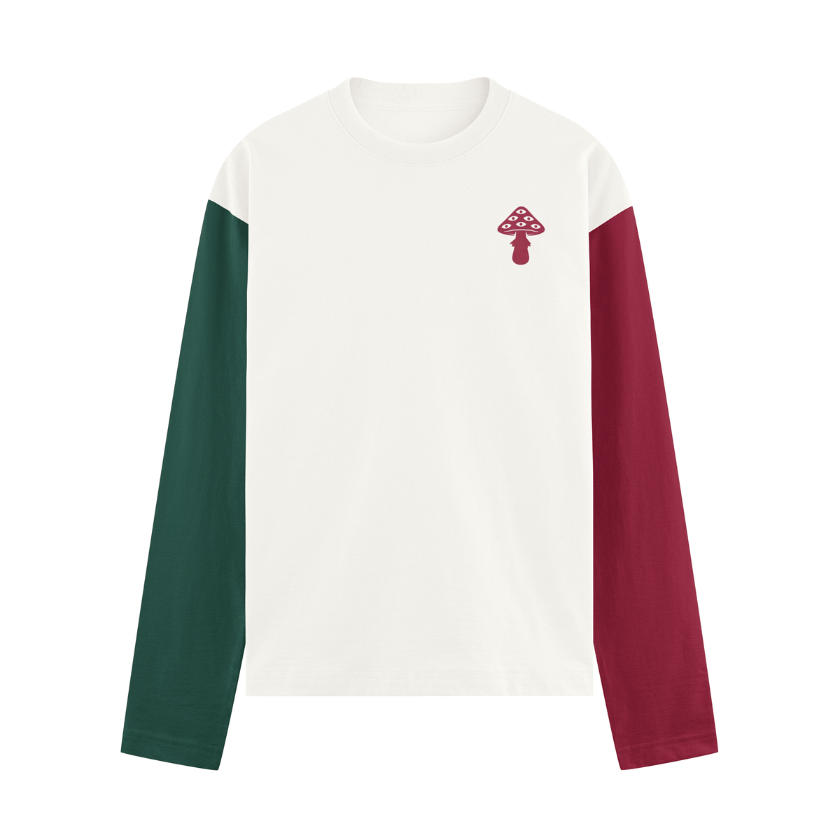 Trip long sleeve with burgundy and green sleeves and a fly agaric print on the front