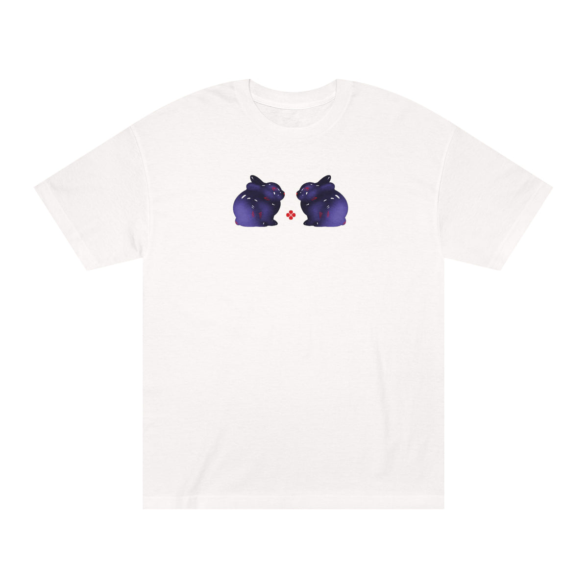 Champagne Rabbit Hole T-shirt with two purple rabbits facing each other and a small red flower between them.