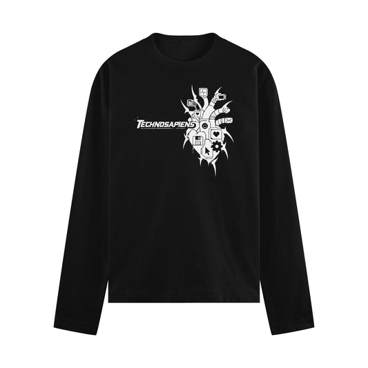 A black crewneck sweatshirt with a white graphic the displays heart merged with old computer icons. Artwork is by Sestry Feldman